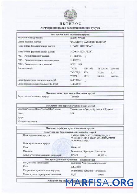 Blank Tajikistan Certificate of Registration template